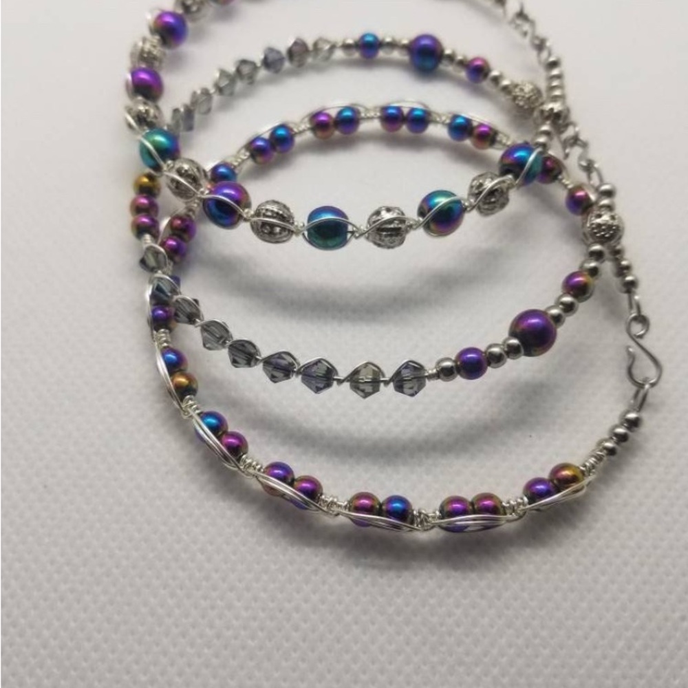 Vibrant Silver and Purple Beaded Bracelet Set